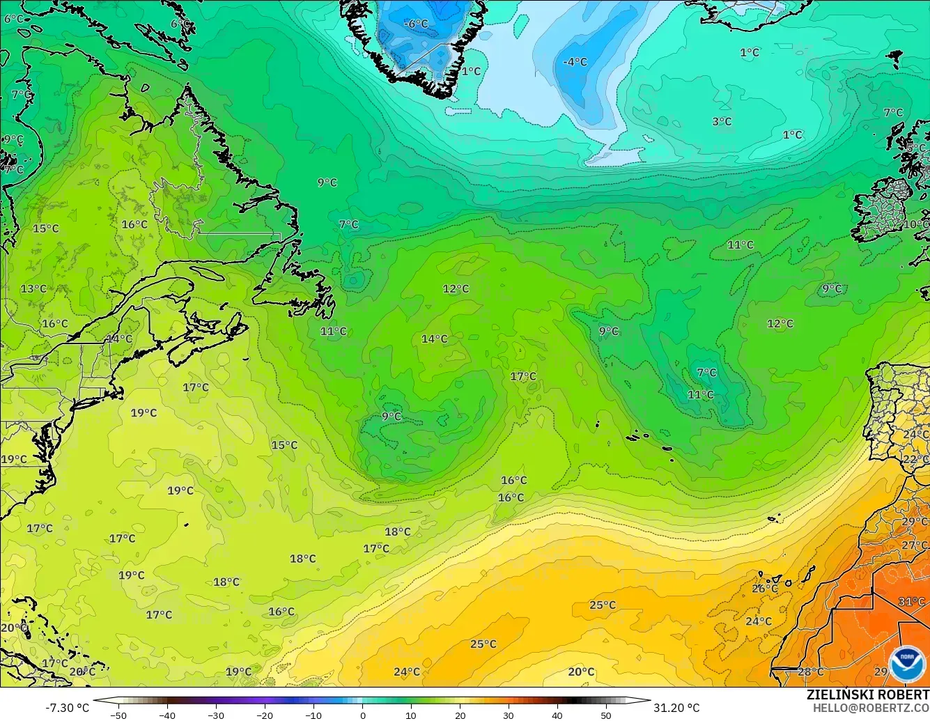 GFS modelo - Norte Atlántico, Temperatura a 850 hPa