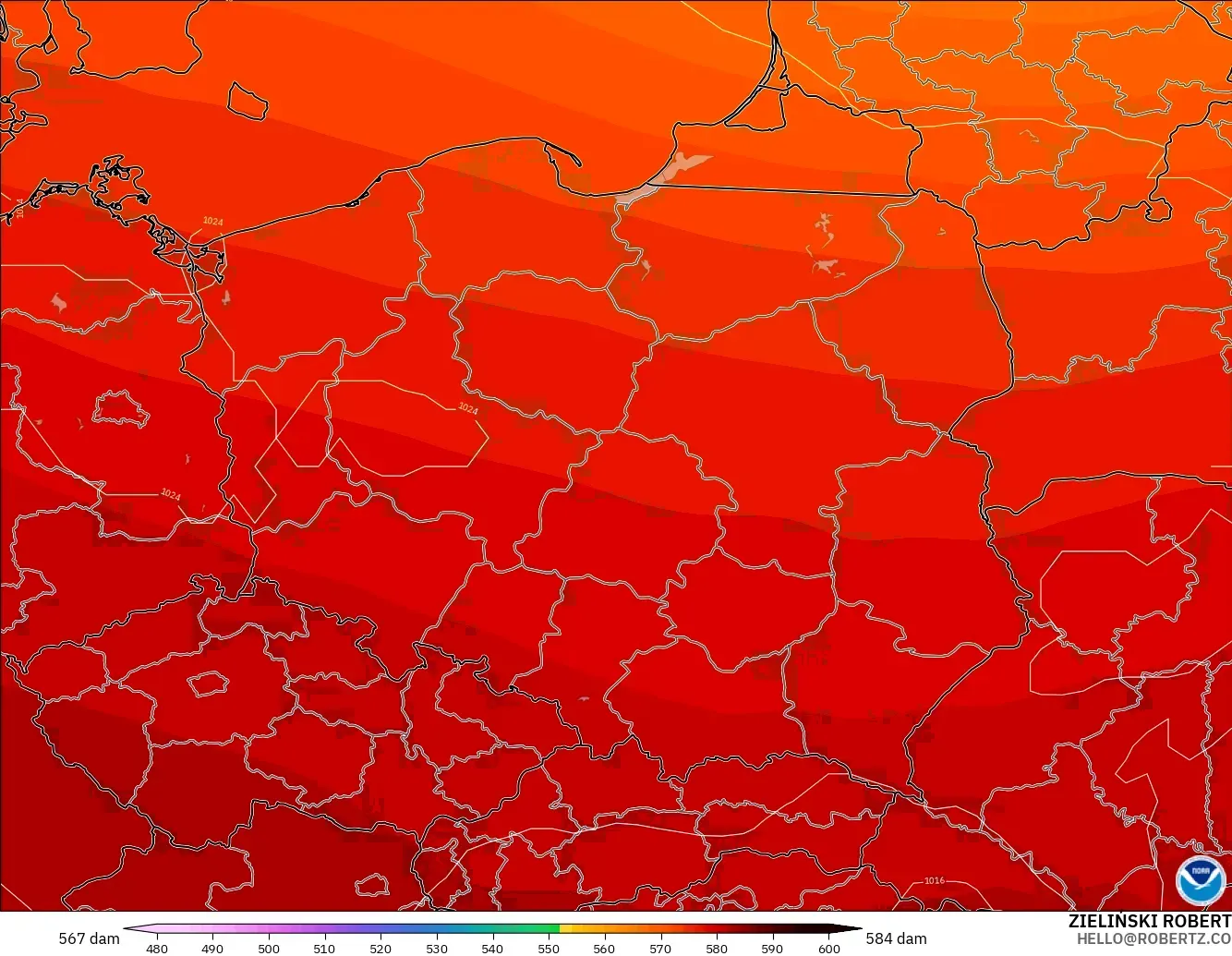 GFS modelo - Polonia, Altura geopotencial a 500 hPa