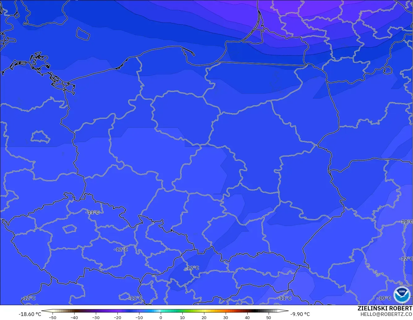 GFS modelo - Polonia, Temperatura a 500 hPa