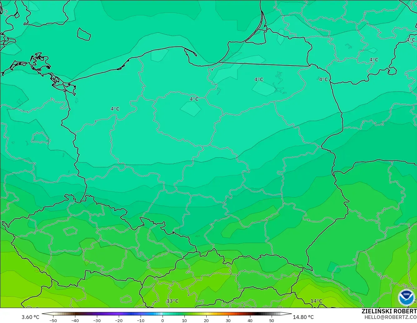 GFS modelo - Polonia, Temperatura a 850 hPa