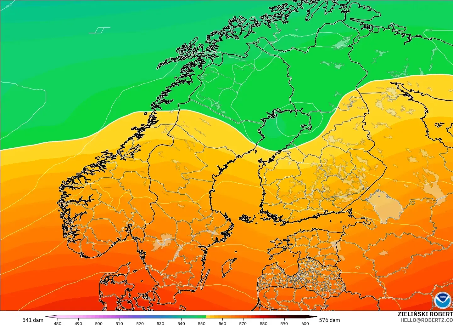 GFS modelo - Escandinavia, Altura geopotencial a 500 hPa