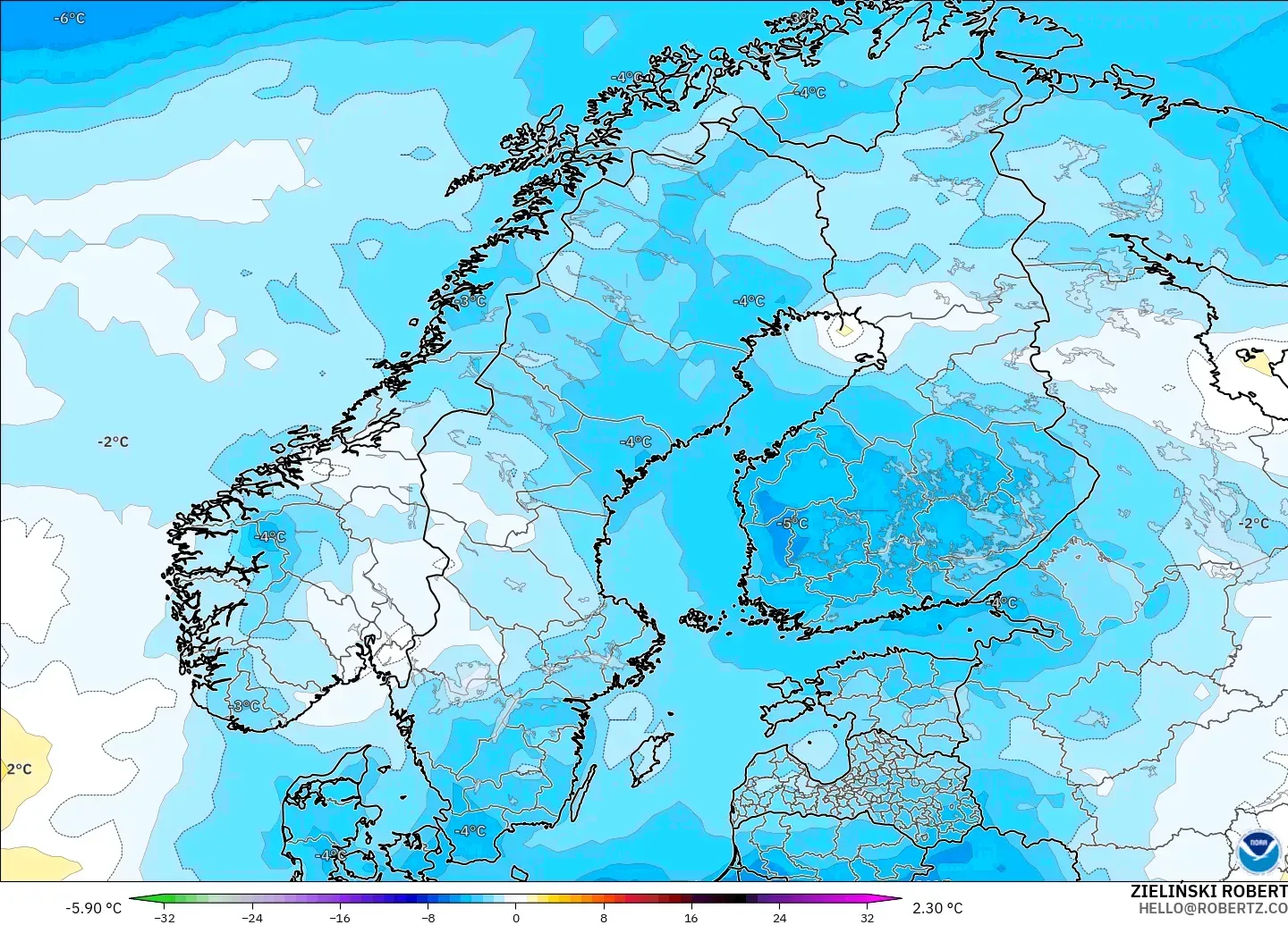 GFS modelo - Escandinavia, Anomalía de temperatura a 850 hPa