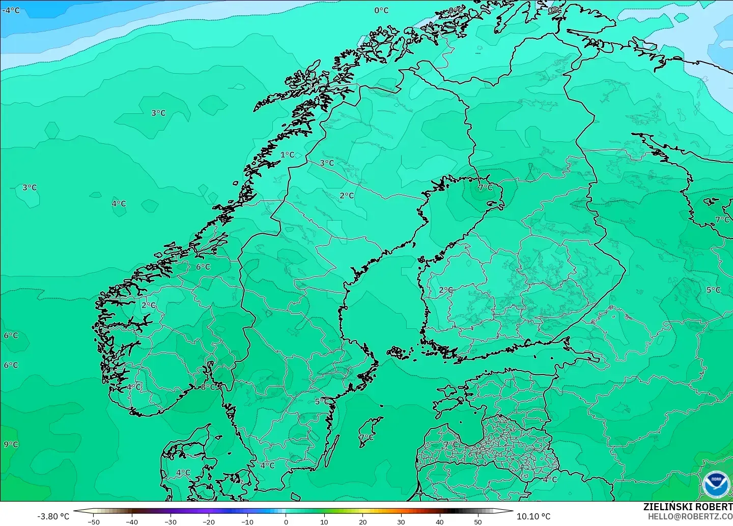 GFS modelo - Escandinavia, Temperatura a 850 hPa