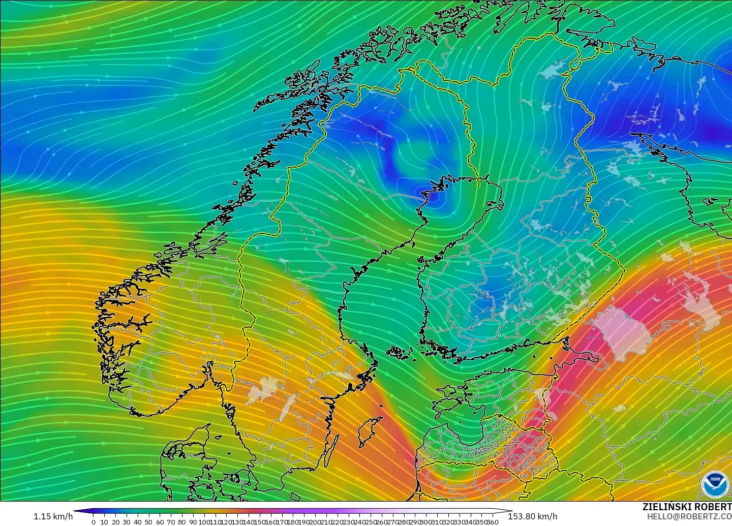 GFS modelo - Escandinavia, Viento a 300 hPa (corriente en chorro)