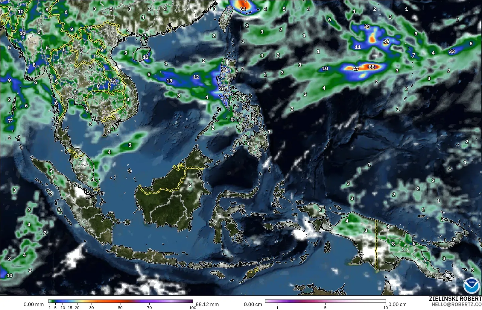 GFS modelo - Sudeste Asiático, Precipitación, nubes y presión