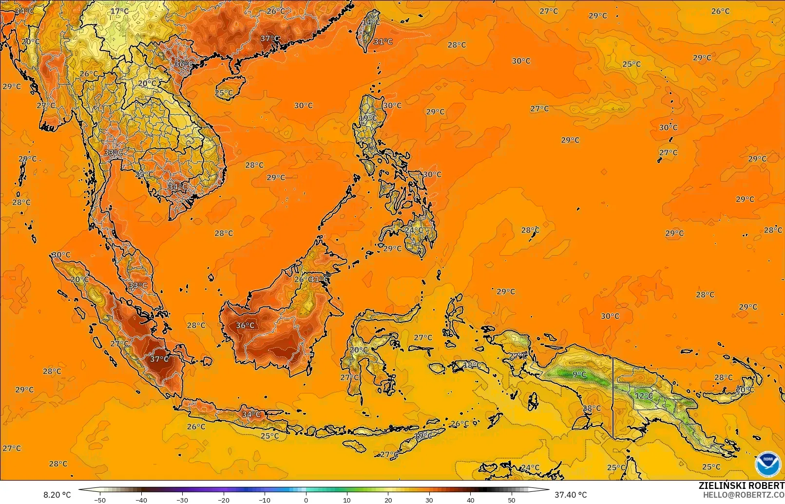 GFS modelo - Sudeste Asiático, Temperatura a 2 m