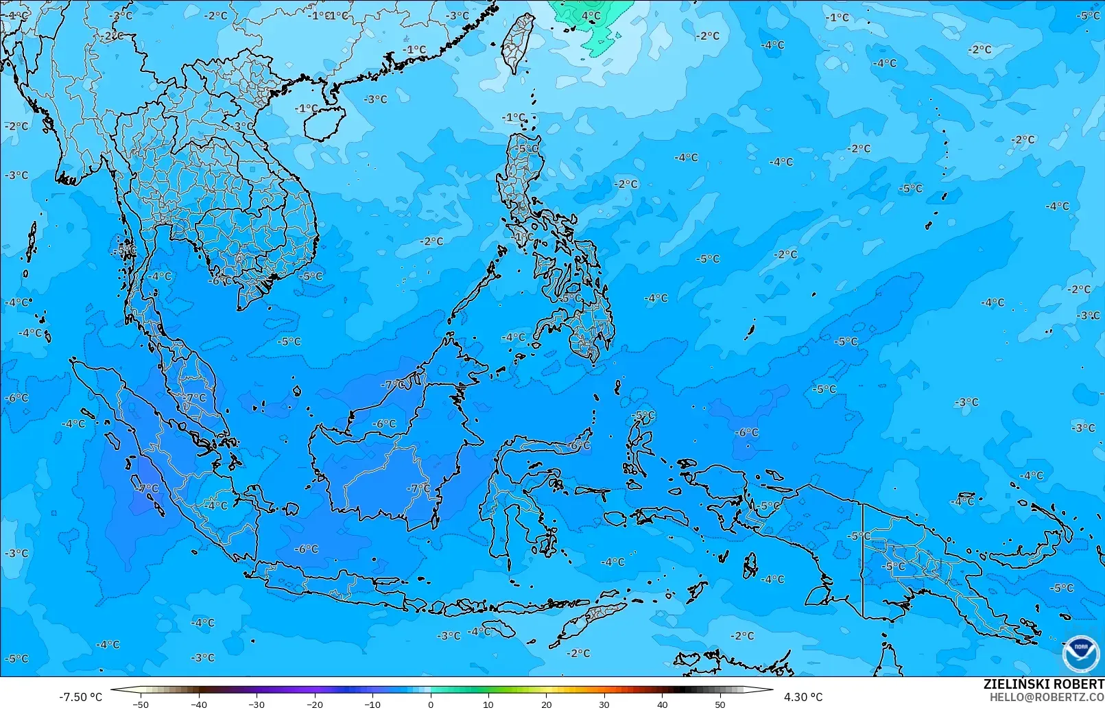 GFS modelo - Sudeste Asiático, Temperatura a 500 hPa