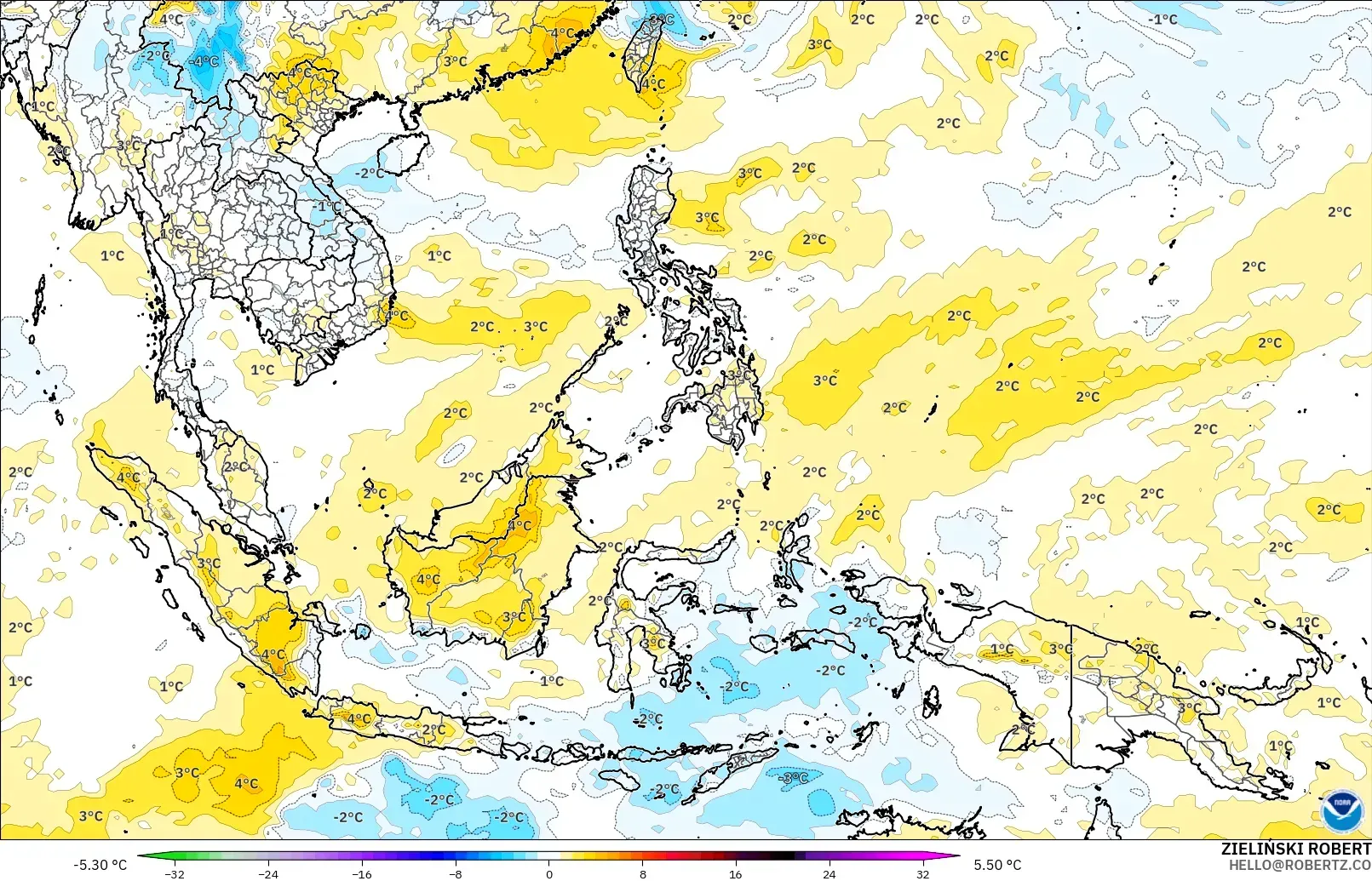 GFS modelo - Sudeste Asiático, Anomalía de temperatura a 850 hPa