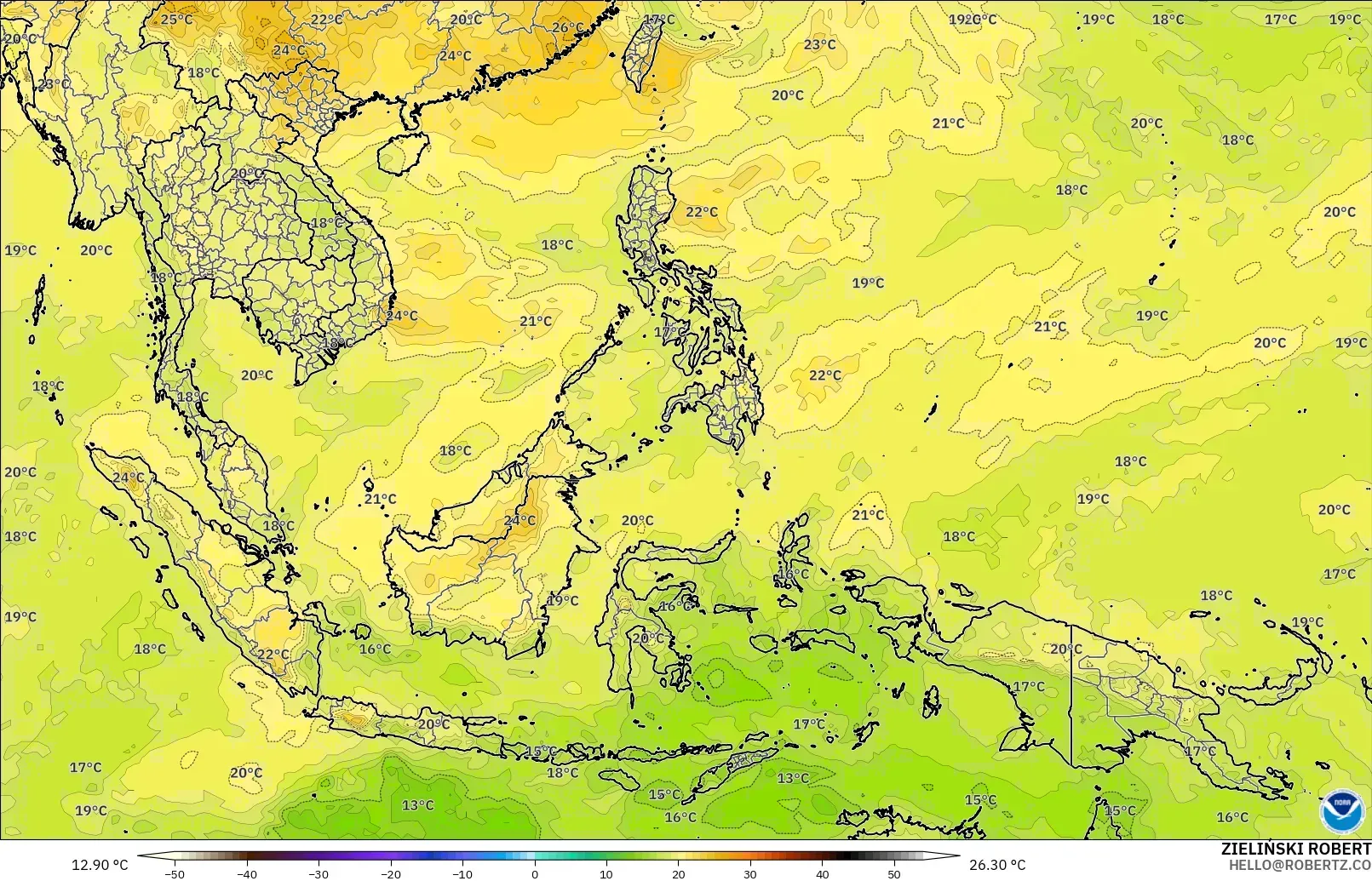 GFS modelo - Sudeste Asiático, Temperatura a 850 hPa