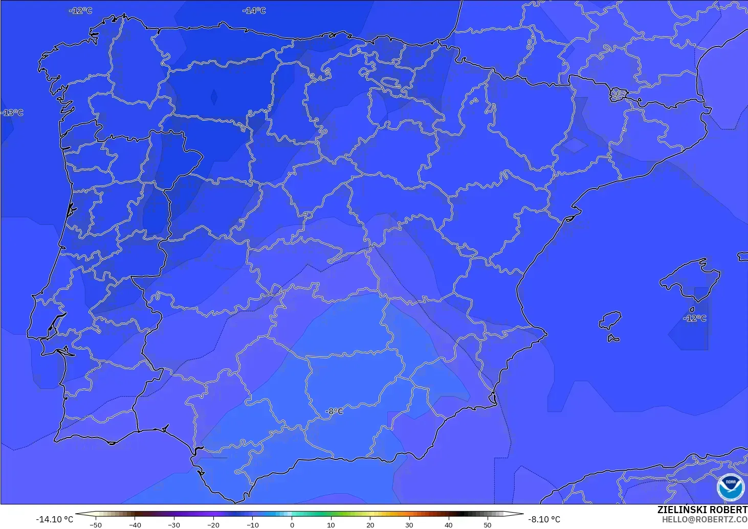 GFS modelo - España, Temperatura a 500 hPa