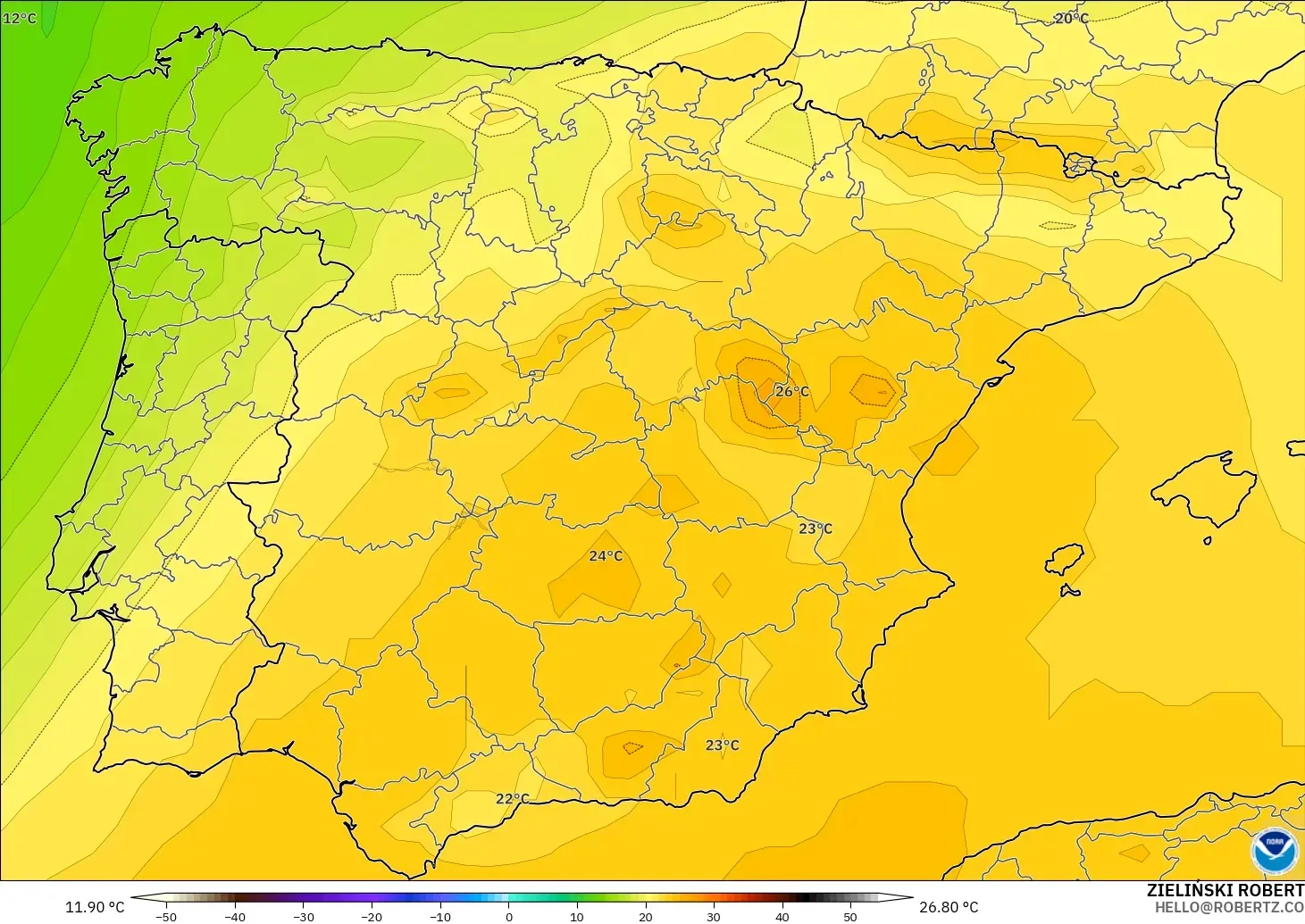 GFS modelo - España, Temperatura a 850 hPa