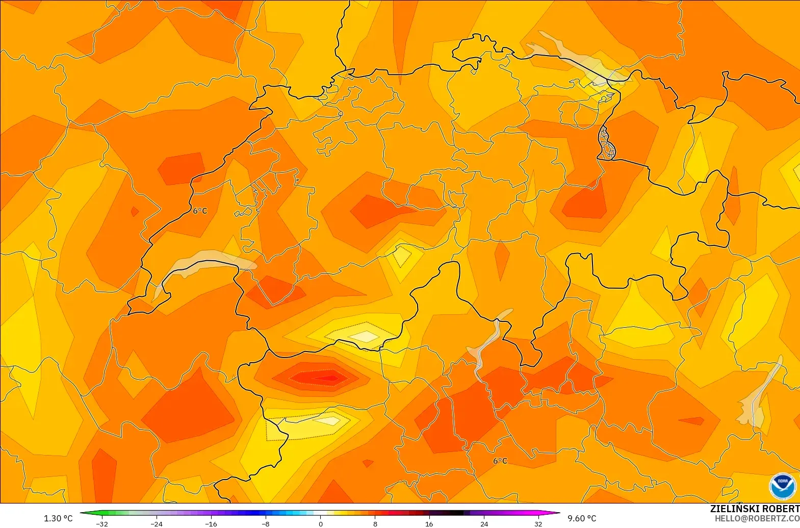 GFS modelo - Suiza, Anomalía de temperatura a 2 m