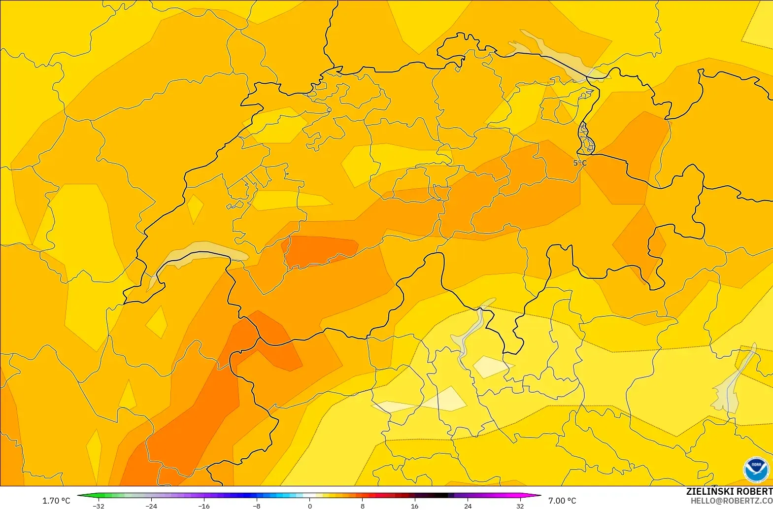 GFS modelo - Suiza, Anomalía de temperatura a 850 hPa