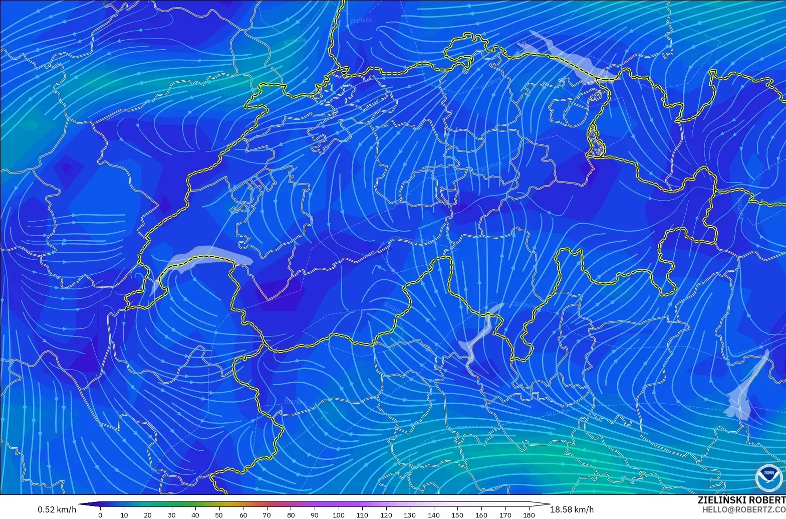 GFS modelo - Suiza, Viento a 10 m