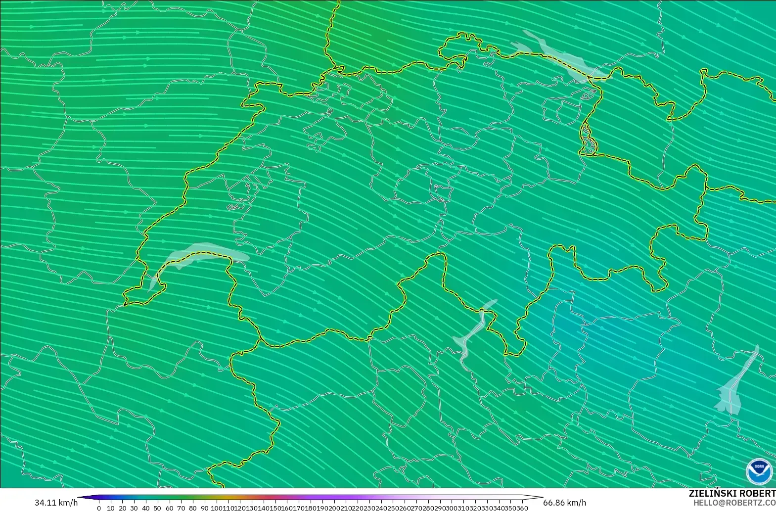GFS modelo - Suiza, Viento a 300 hPa (corriente en chorro)