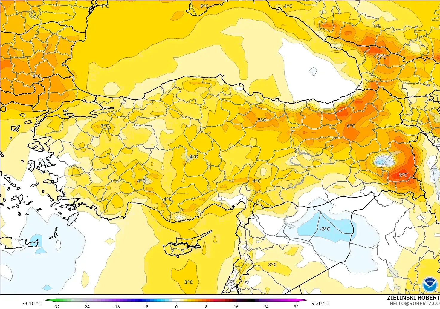 GFS modelo - Turquía, Anomalía de temperatura a 850 hPa