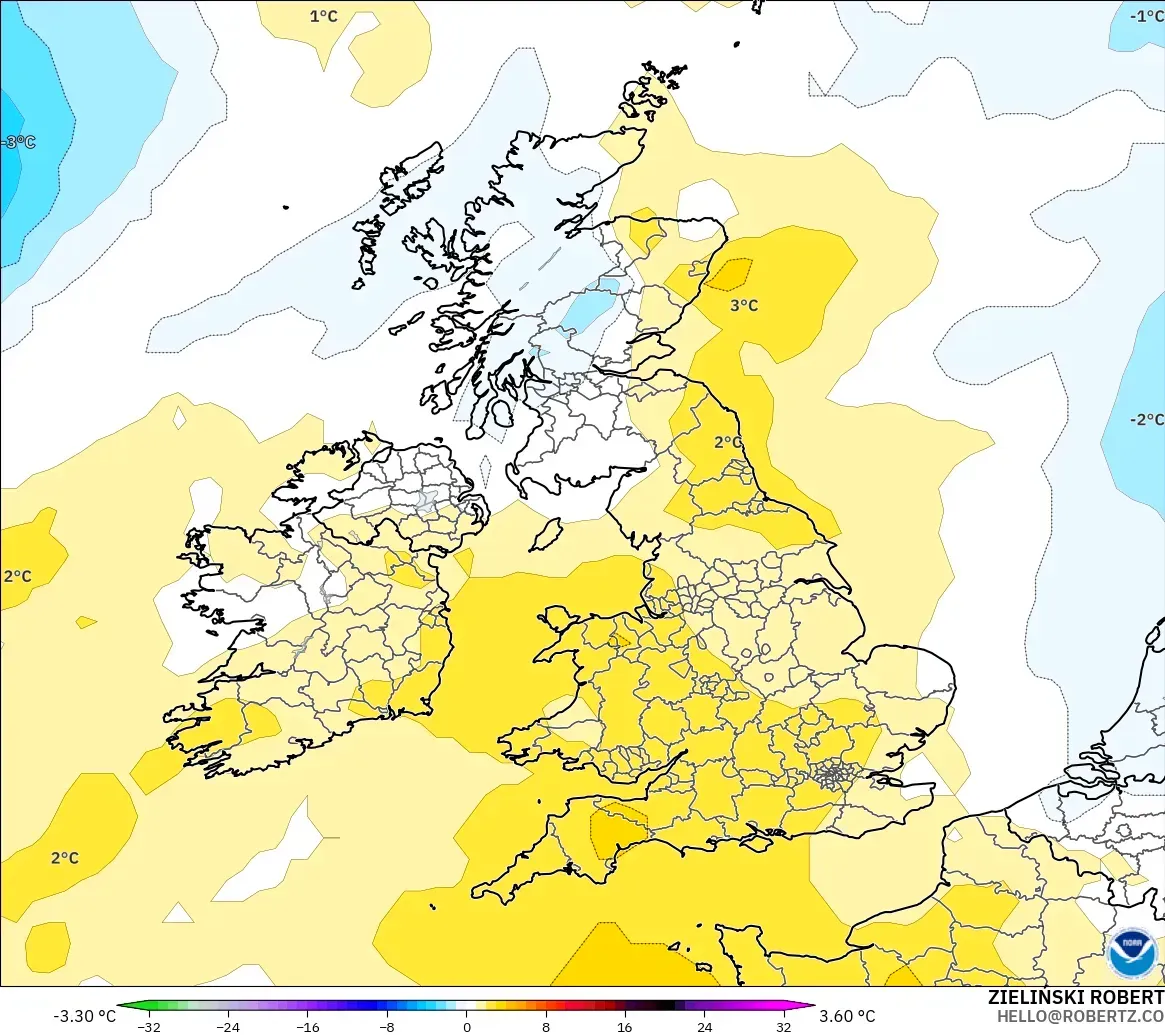 GFS modelo - Reino Unido, Anomalía de temperatura a 850 hPa