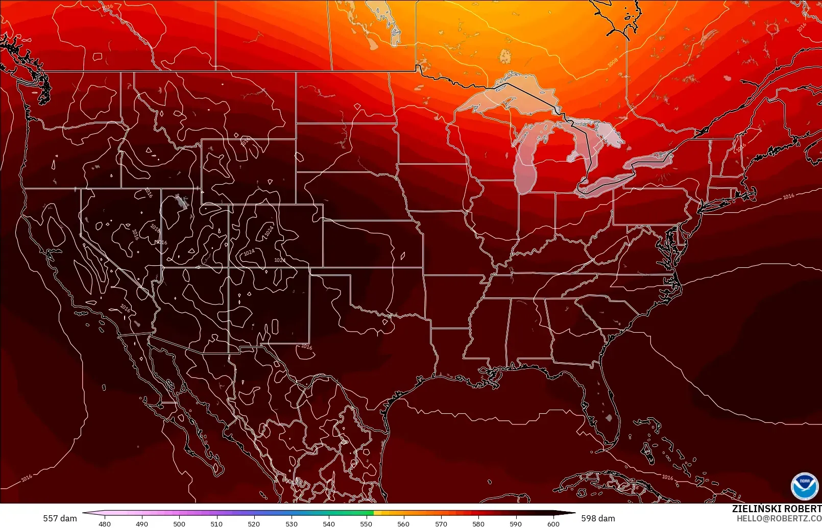 GFS modelo - Estados Unidos, Altura geopotencial a 500 hPa