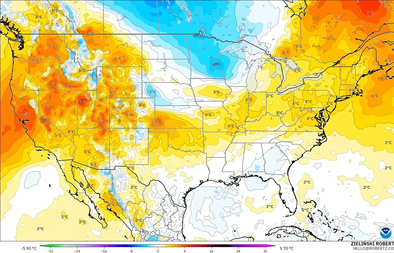 GFS modelo - Estados Unidos, Anomalía de temperatura a 850 hPa