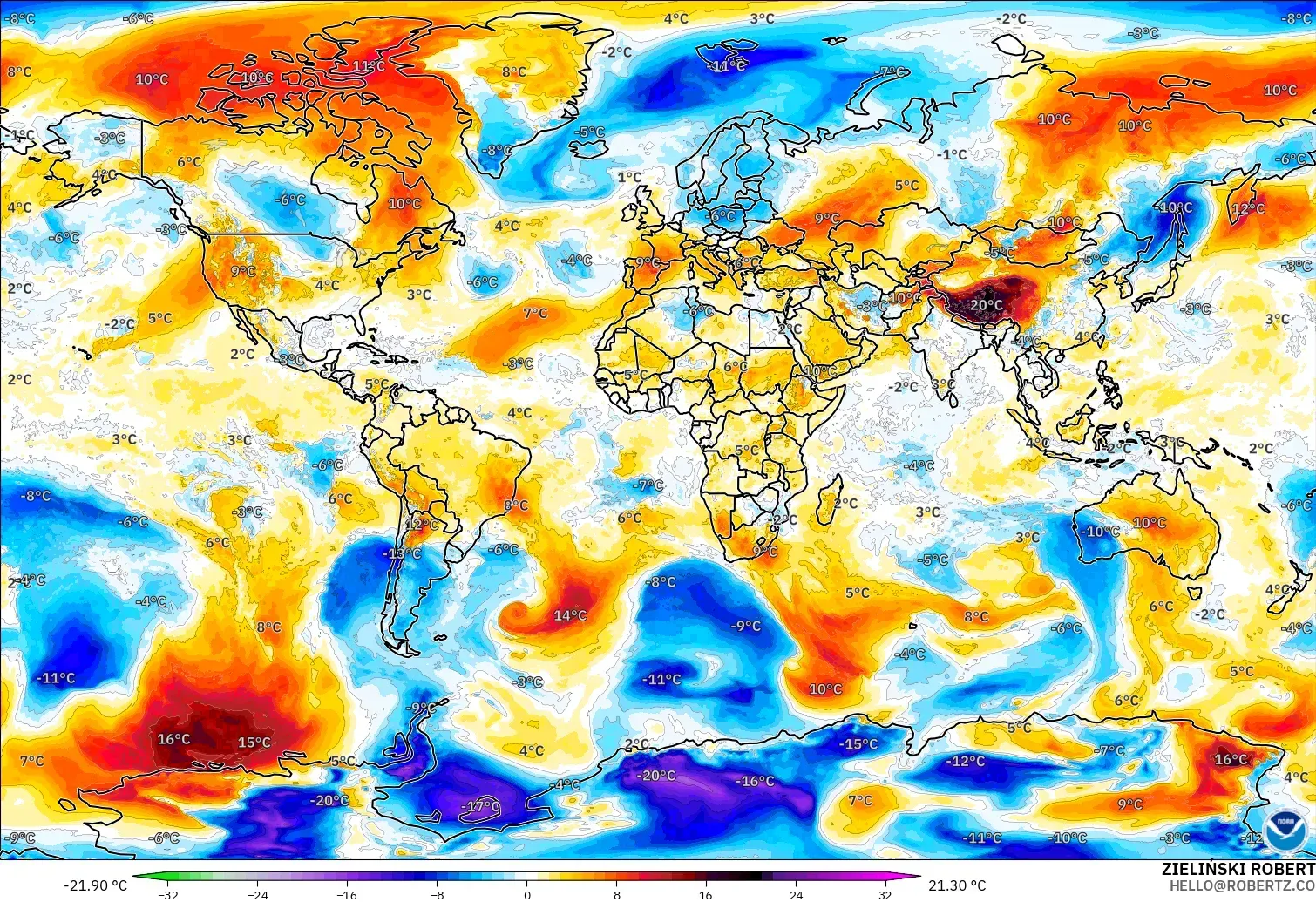 GFS modelo - Mundo, Anomalía de temperatura a 850 hPa
