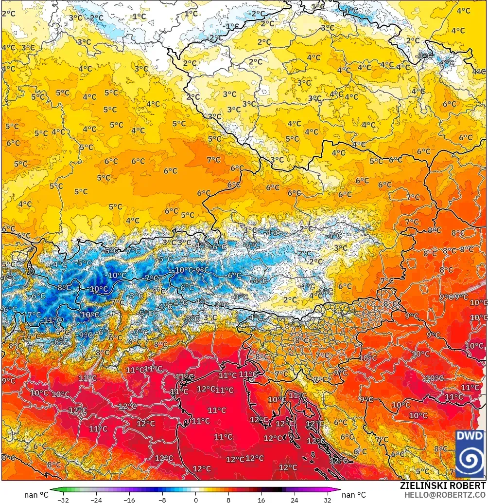 ICON Alemania 2 km modelo - Austria, Anomalía de temperatura a 850 hPa