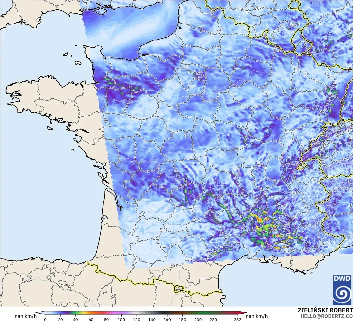 ICON Alemania 2 km modelo - Francia, Ráfagas de Viento Máximas