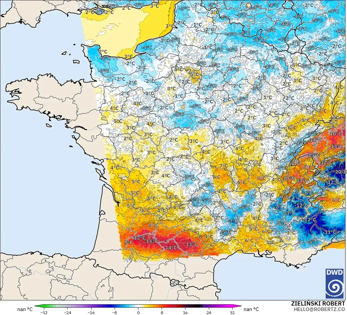 ICON Alemania 2 km modelo - Francia, Anomalía de temperatura a 2 m