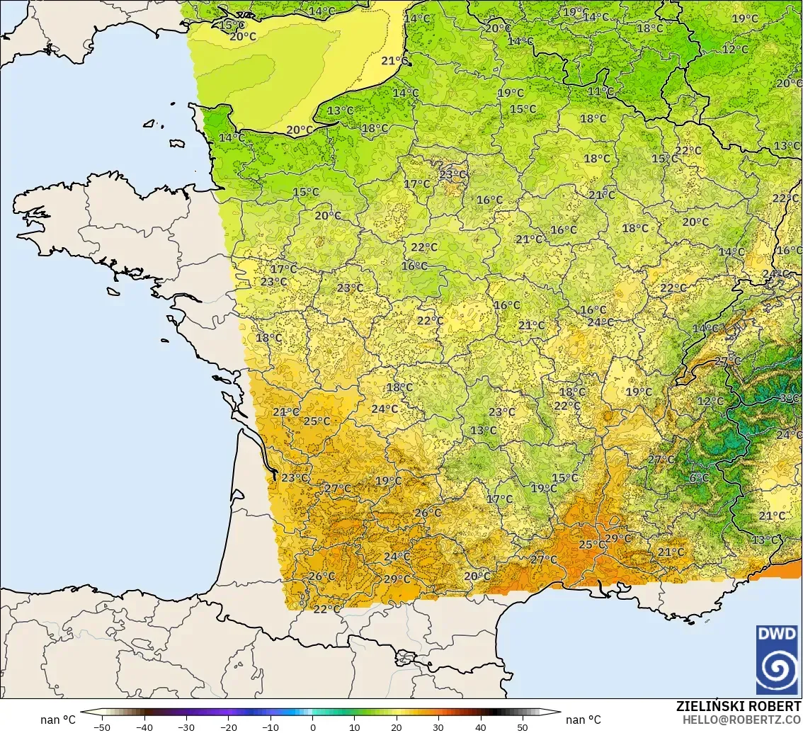 ICON Alemania 2 km modelo - Francia, Temperatura a 2 m