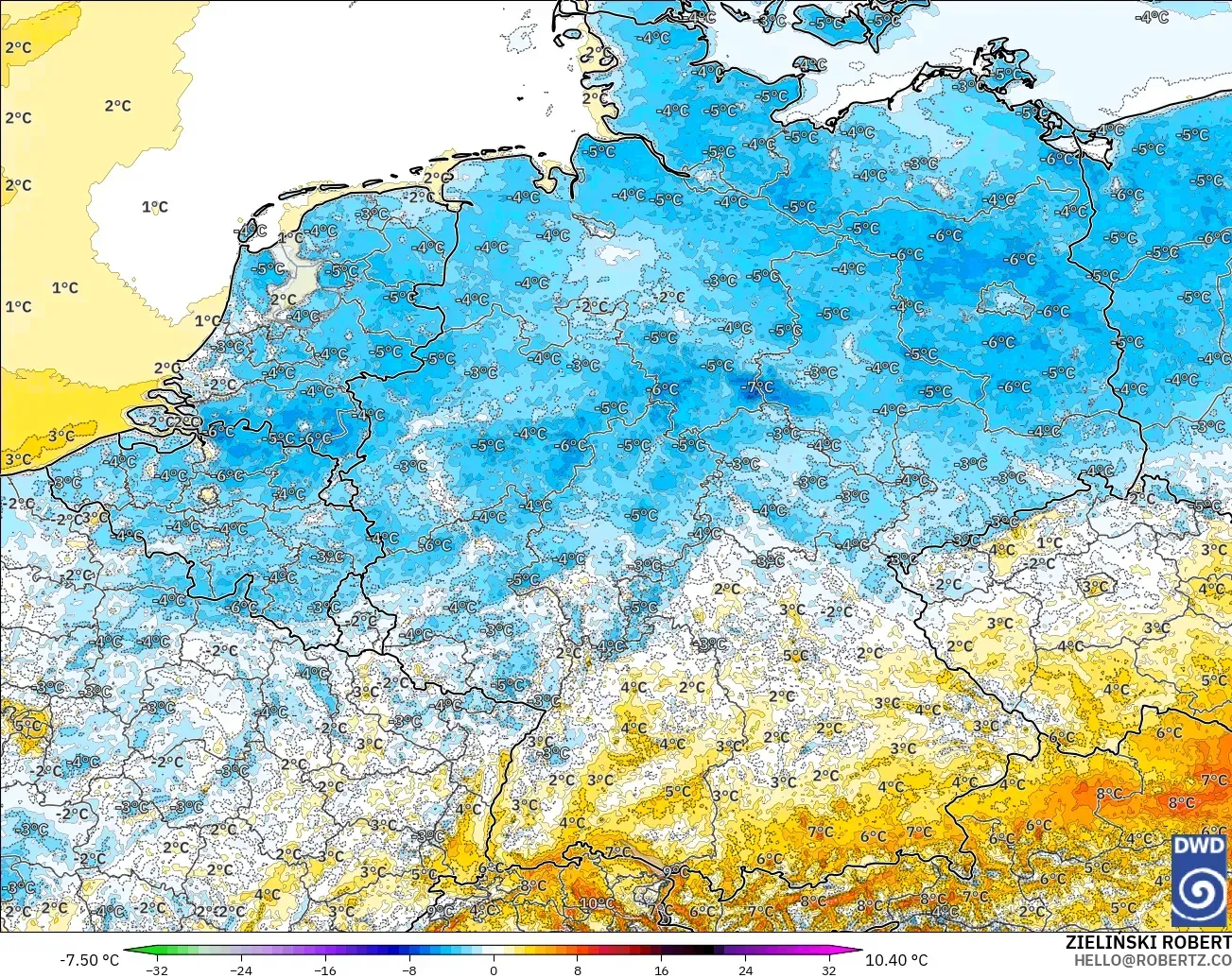 ICON Alemania 2 km modelo - Alemania, Anomalía de temperatura a 2 m