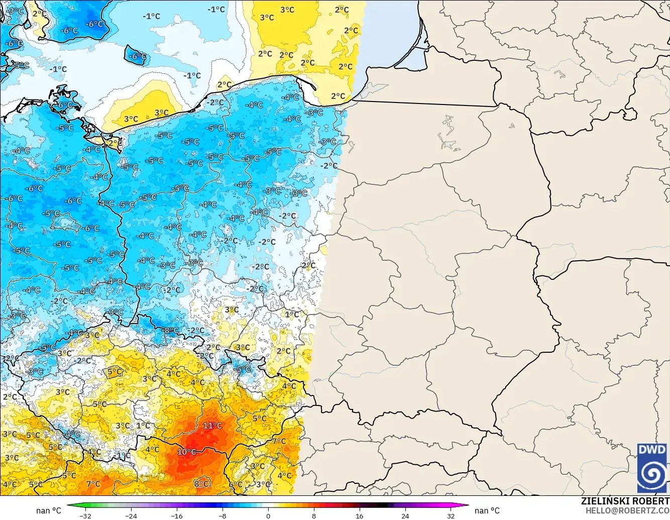 ICON Alemania 2 km modelo - Polonia, Anomalía de temperatura a 2 m