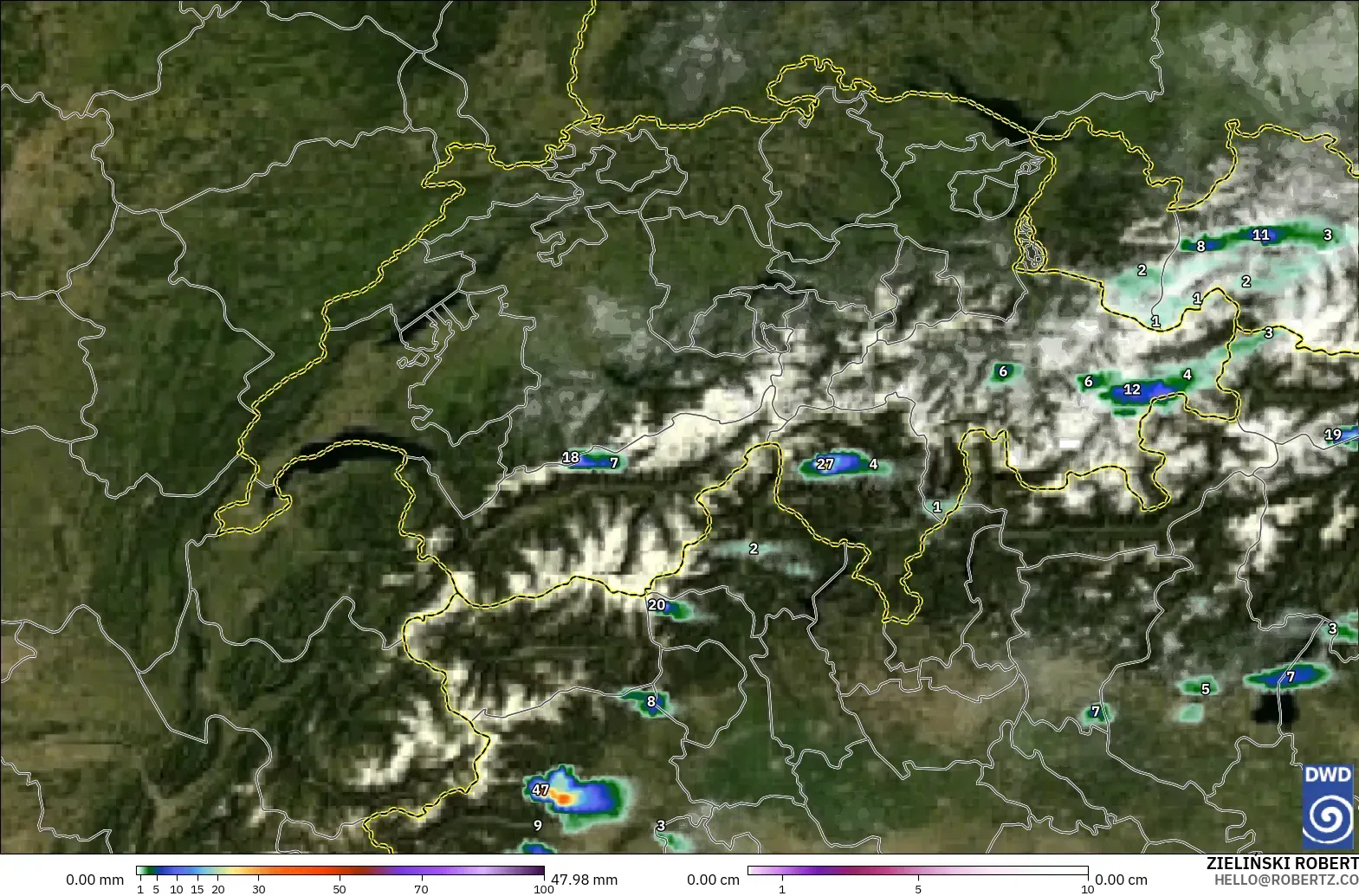 ICON Alemania 2 km modelo - Suiza, Precipitación, nubes y presión