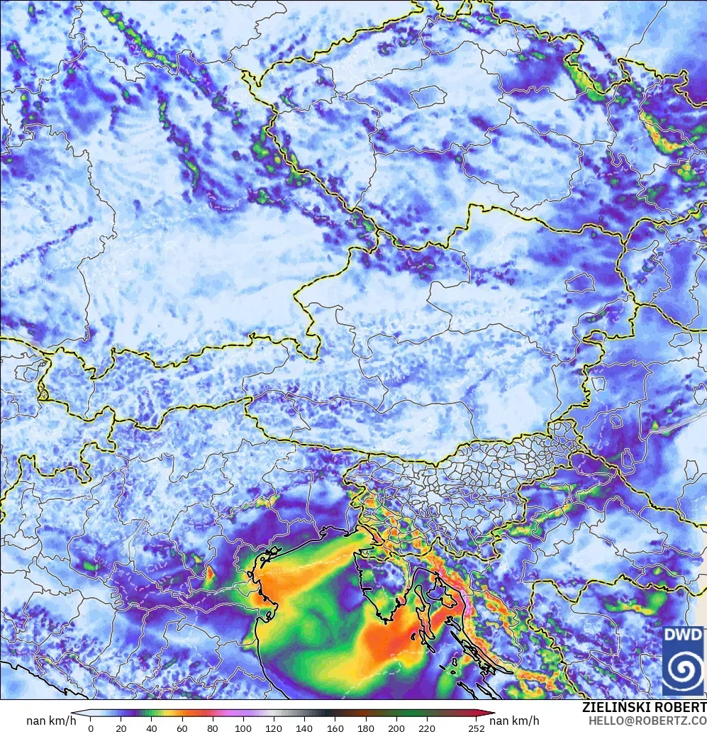 ICON Alemania 2 km modelo - Austria, Ráfagas de viento