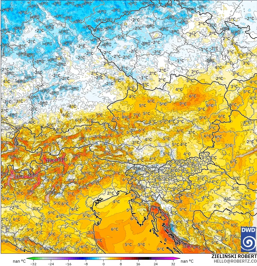 ICON Alemania 2 km modelo - Austria, Anomalía de temperatura a 2 m