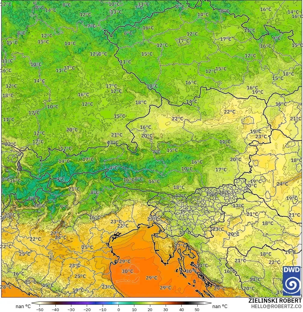 ICON Alemania 2 km modelo - Austria, Temperatura a 2 m