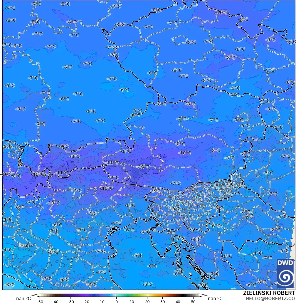 ICON Alemania 2 km modelo - Austria, Temperatura a 500 hPa