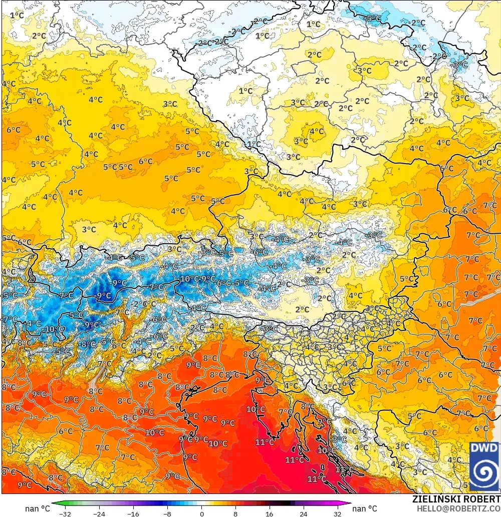 ICON Alemania 2 km modelo - Austria, Anomalía de temperatura a 850 hPa