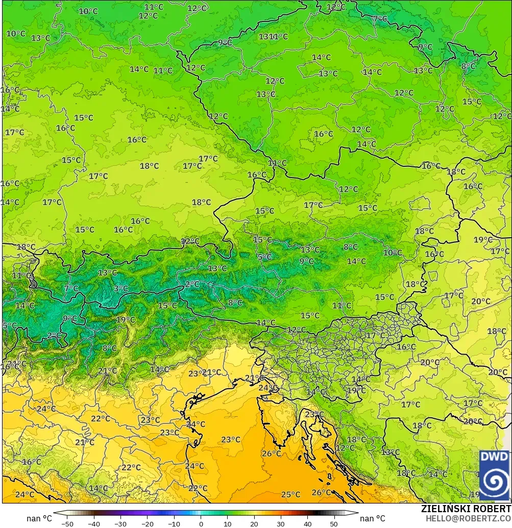 ICON Alemania 2 km modelo - Austria, Temperatura a 850 hPa