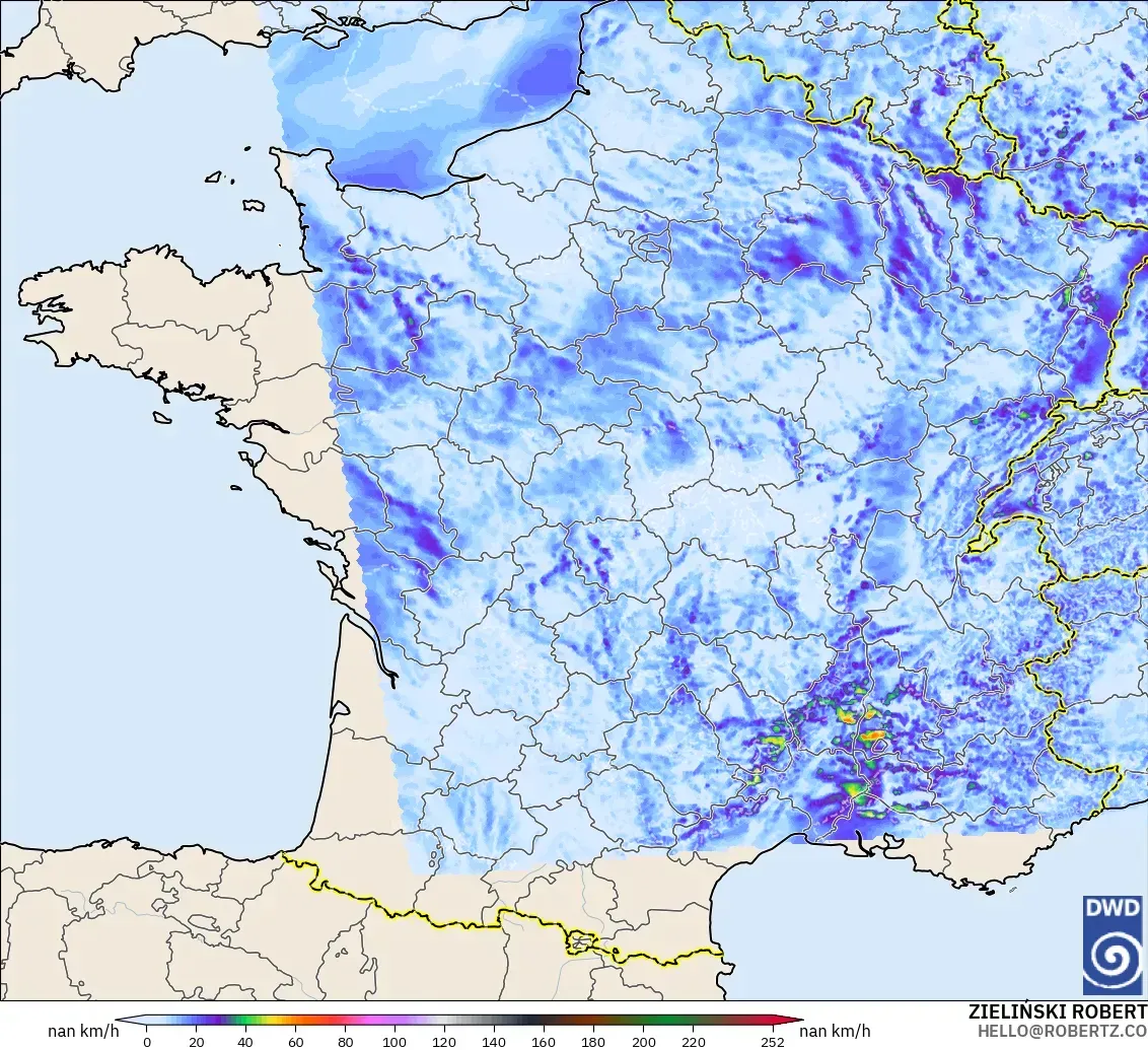 ICON Alemania 2 km modelo - Francia, Ráfagas de viento