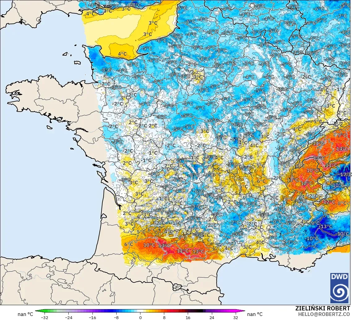 ICON Alemania 2 km modelo - Francia, Anomalía de temperatura a 2 m