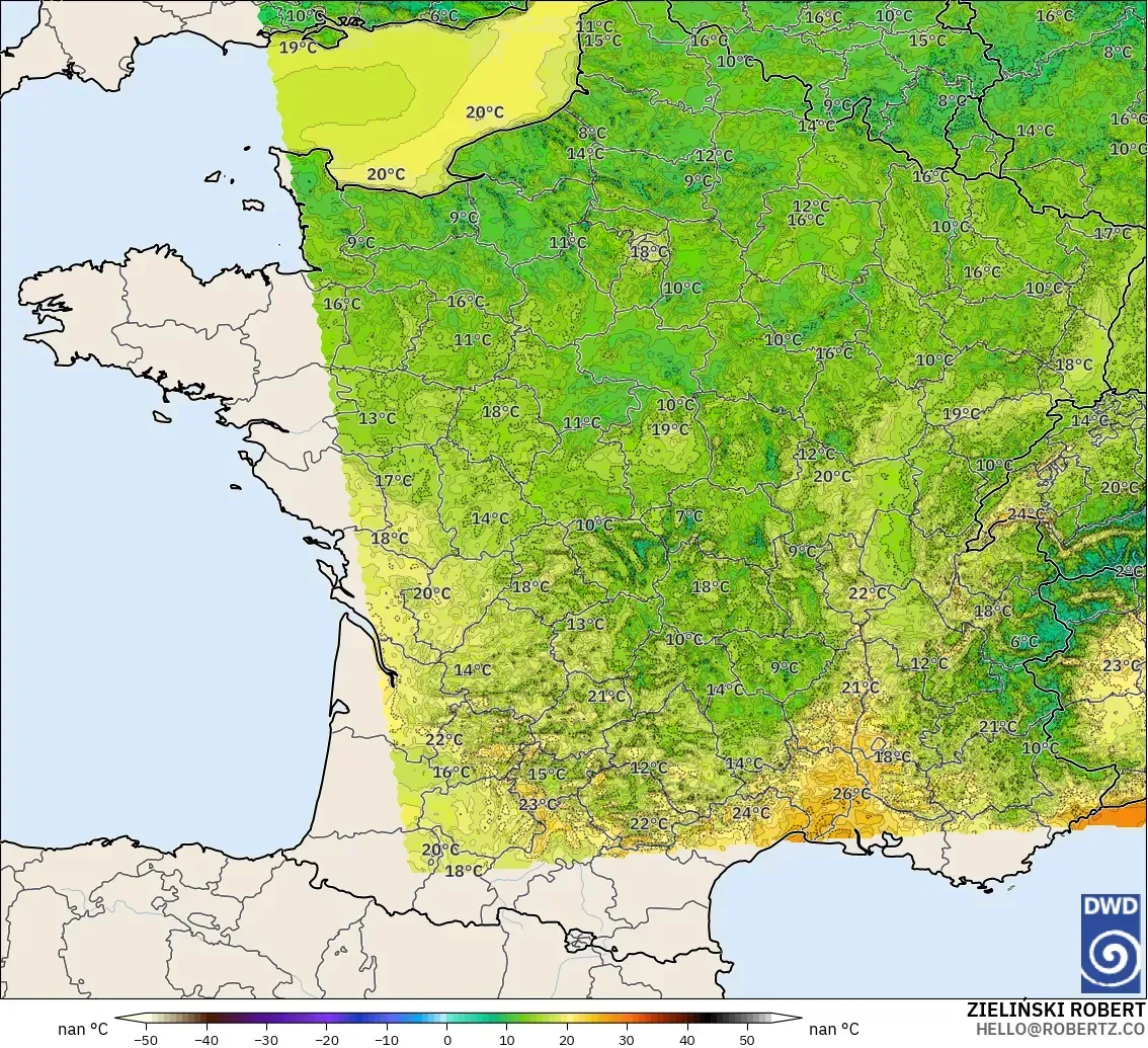 ICON Alemania 2 km modelo - Francia, Temperatura a 2 m