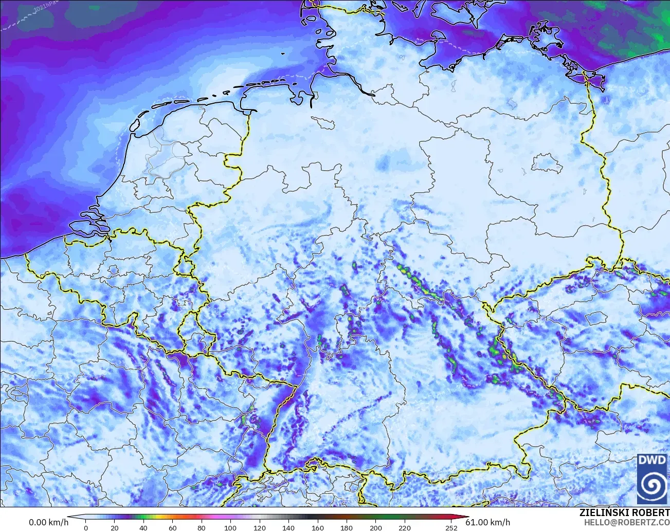 ICON Alemania 2 km modelo - Alemania, Ráfagas de viento