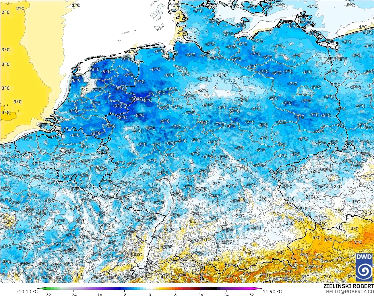 ICON Alemania 2 km modelo - Alemania, Anomalía de temperatura a 2 m
