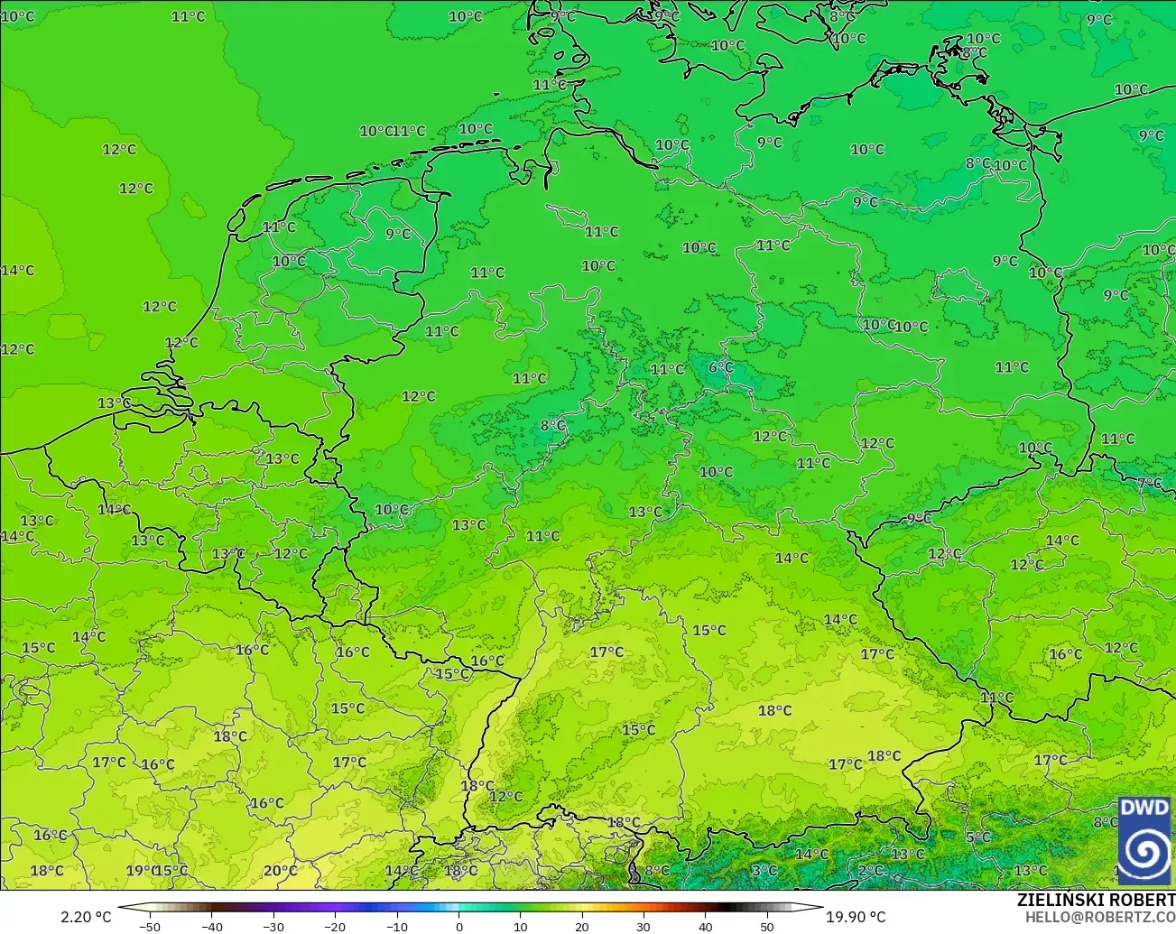 ICON Alemania 2 km modelo - Alemania, Temperatura a 850 hPa