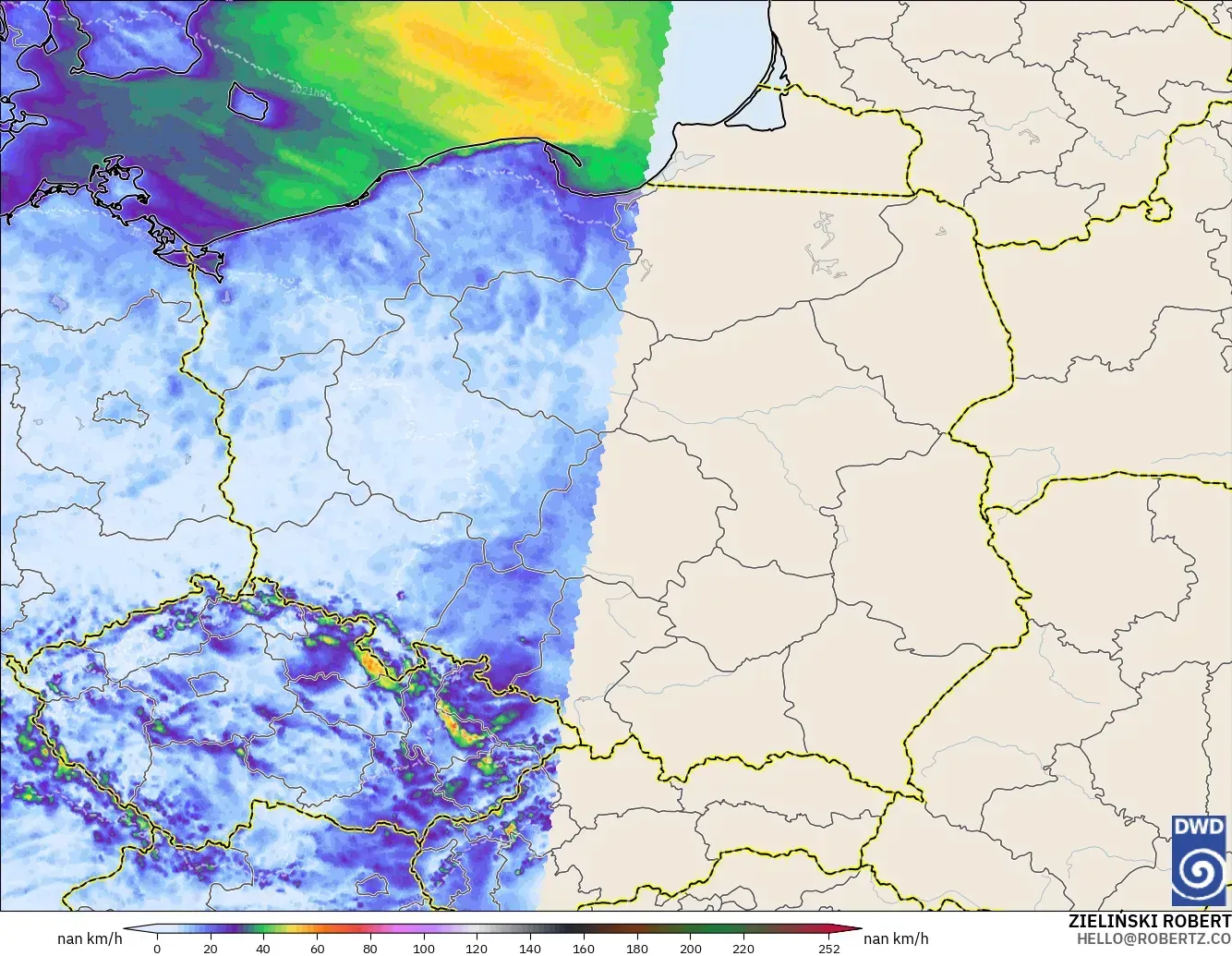ICON Alemania 2 km modelo - Polonia, Ráfagas de Viento Máximas