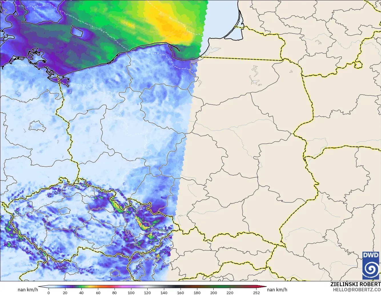 ICON Alemania 2 km modelo - Polonia, Ráfagas de viento