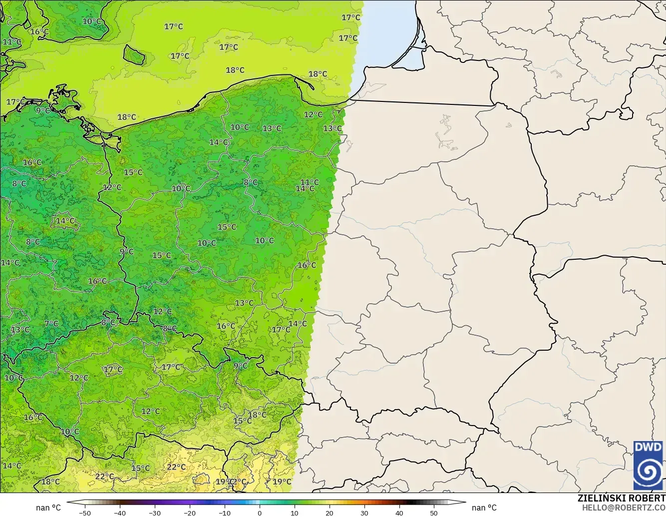 ICON Alemania 2 km modelo - Polonia, Temperatura a 2 m