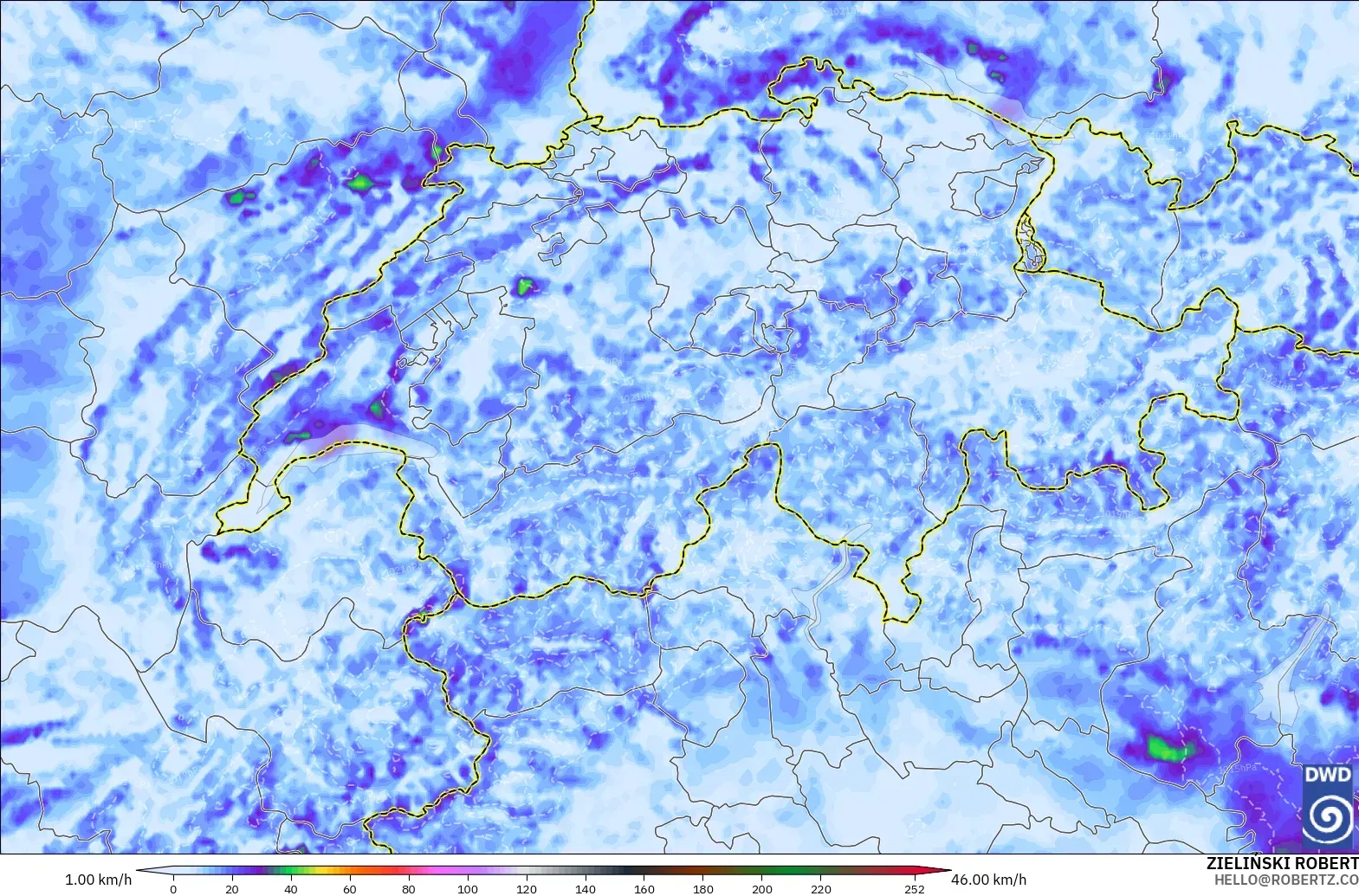 ICON Alemania 2 km modelo - Suiza, Ráfagas de Viento Máximas