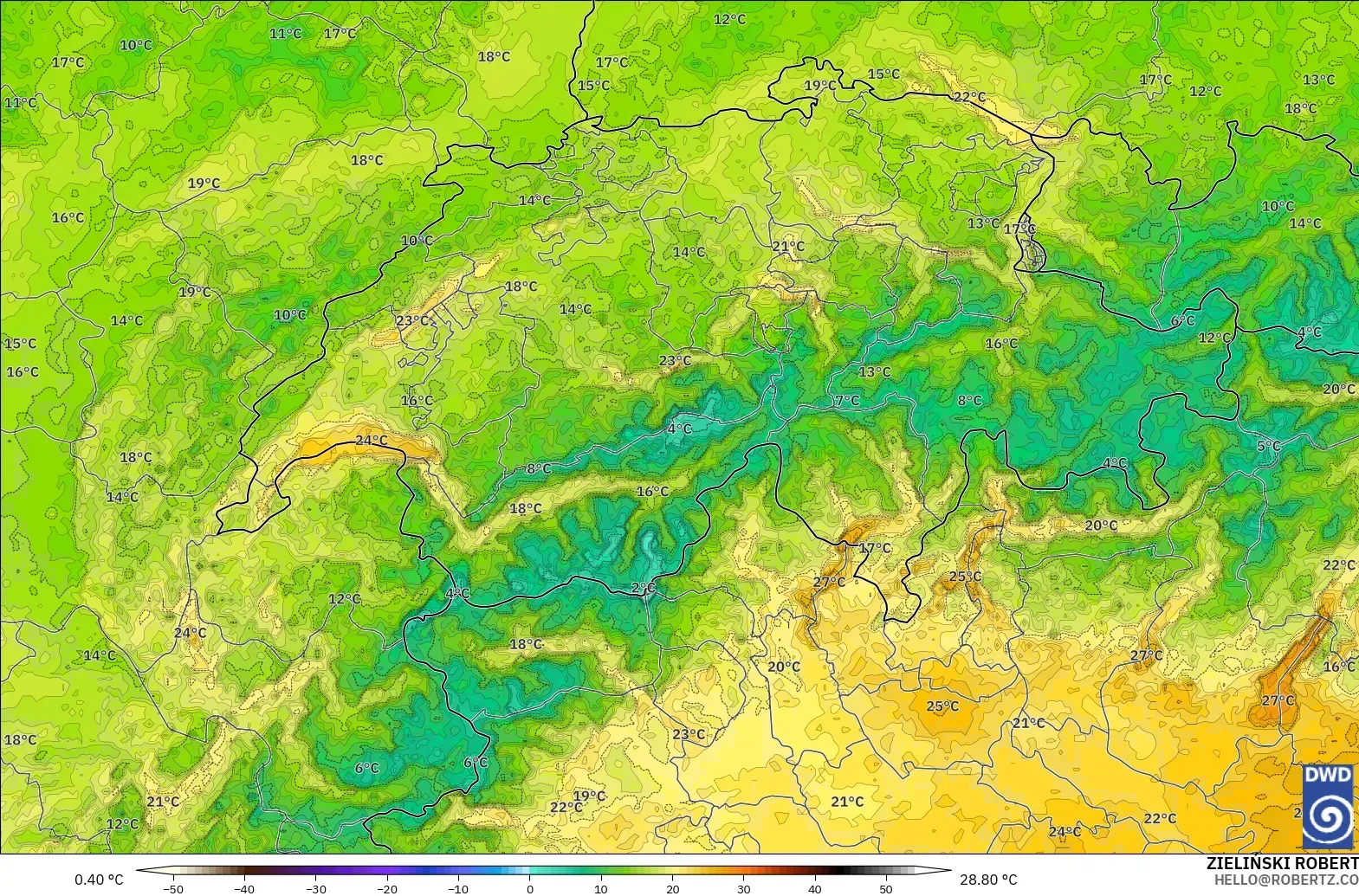 ICON Alemania 2 km modelo - Suiza, Temperatura a 2 m