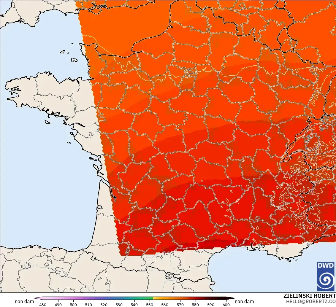 ICON Alemania 2 km modelo - Francia, Altura geopotencial a 500 hPa