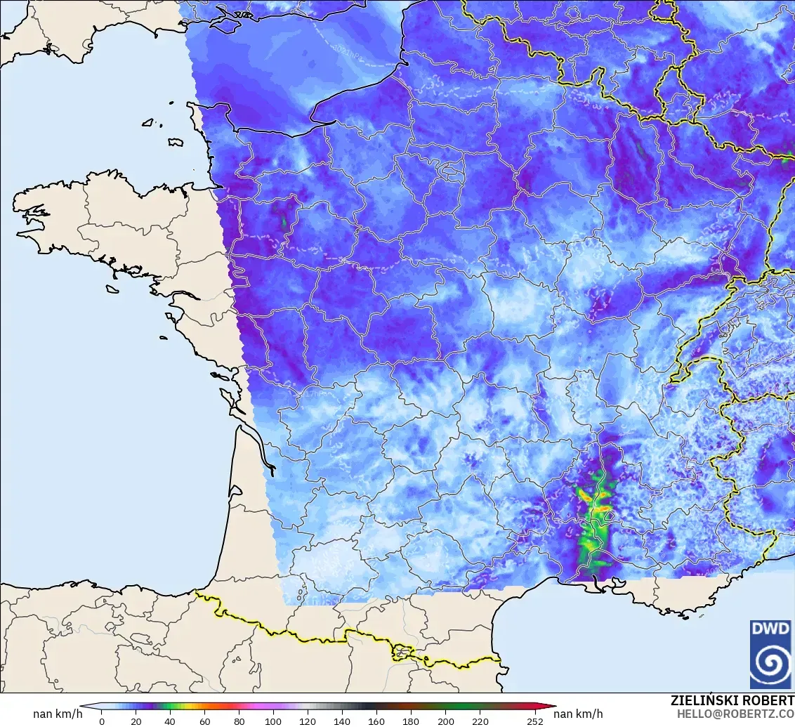 ICON Alemania 2 km modelo - Francia, Ráfagas de Viento Máximas